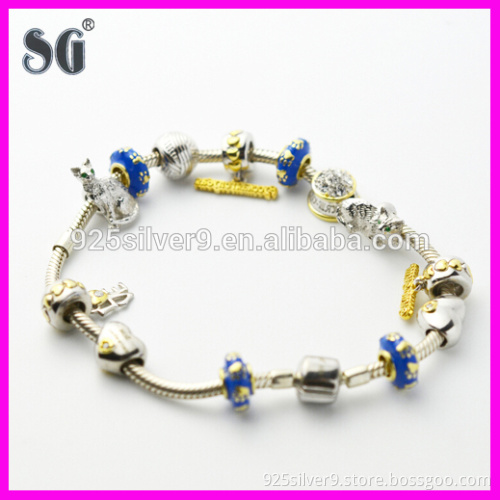 Customized Wholesale Animal Cat Enamel & Rhodium 925 Sterling Silver Charm Bracelets